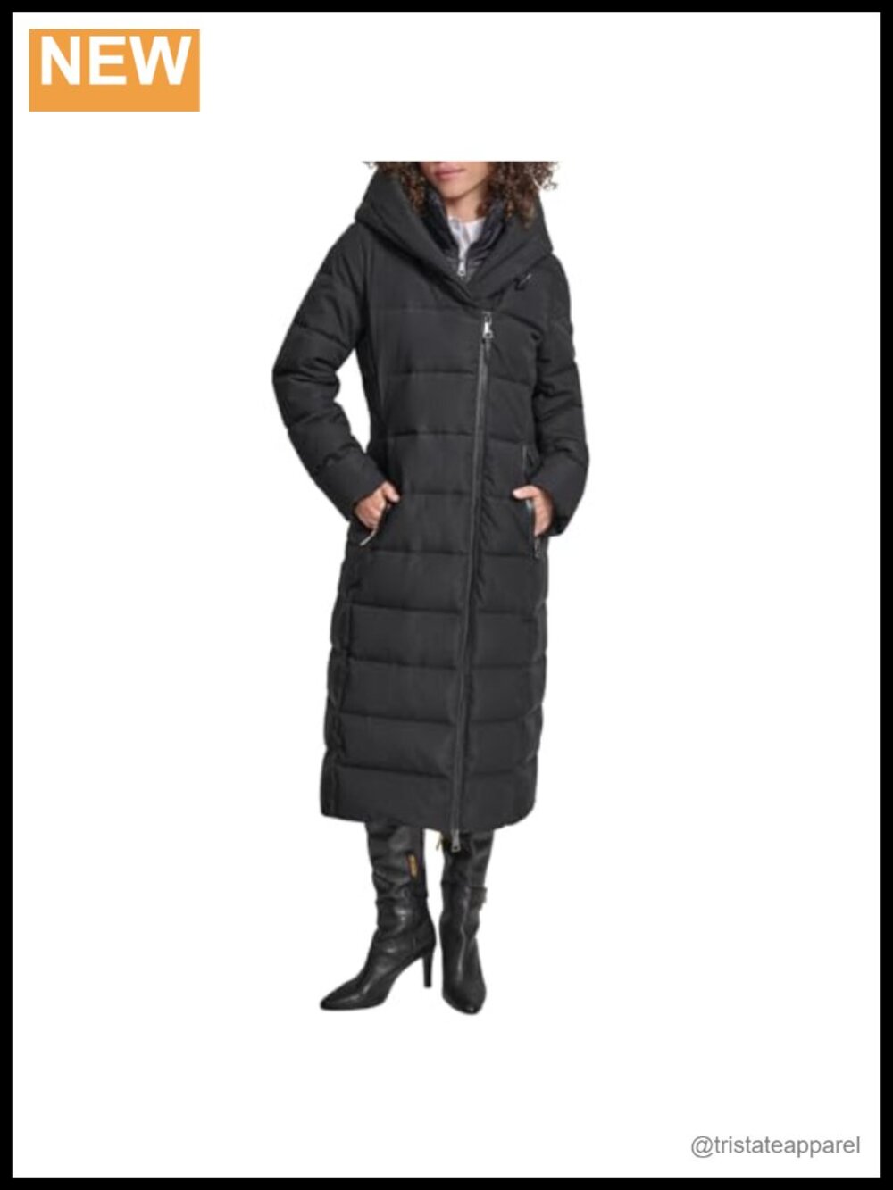 DKNY Women's Maxi Puffer Coat with Bib, Asymmetrical Zip, Faux Leather Trim,